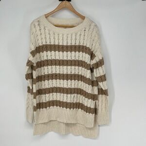 PILCRO Striped Cable Knit Sweater Size S Cream Brown Long Sleeve Open Weave Cozy